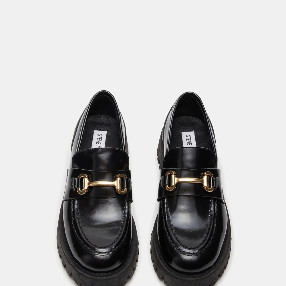 Steve Madden Black Loafers with Gold buckle, “Lando black leather” - Picture 3 of 8